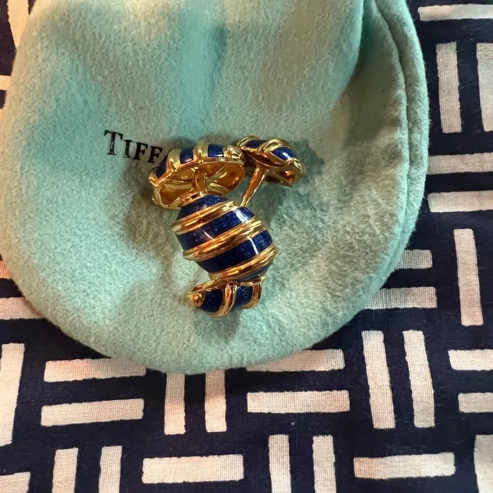 Tiffany Schlumberger Olive Cuff Links 18k‎ Gold Blue Enamel worn once with pouch